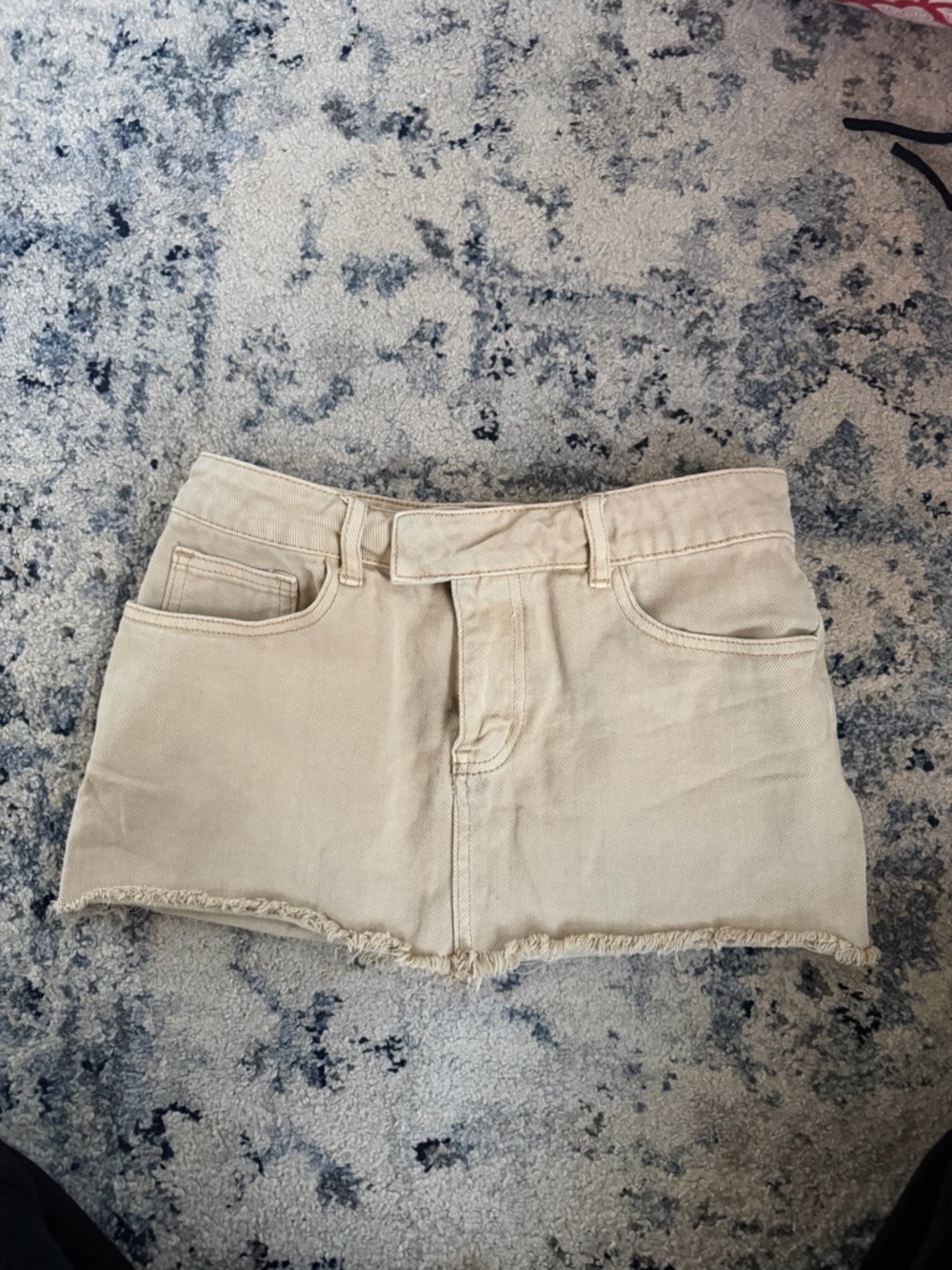 Edikted Beige Mini Skirt with Frayed Hem